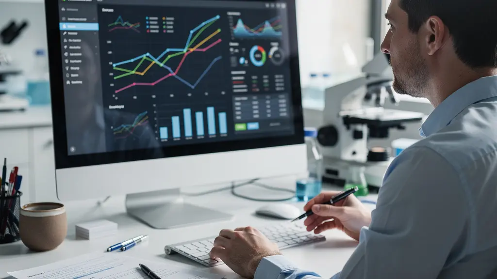 Responsable qualité consultant des certificats sur écran dans un bureau de laboratoire bio