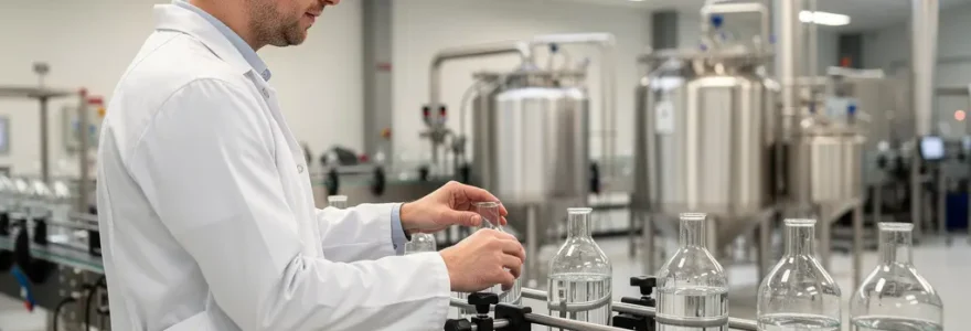 Technicien qualité inspectant une ligne de conditionnement de compléments alimentaires bio