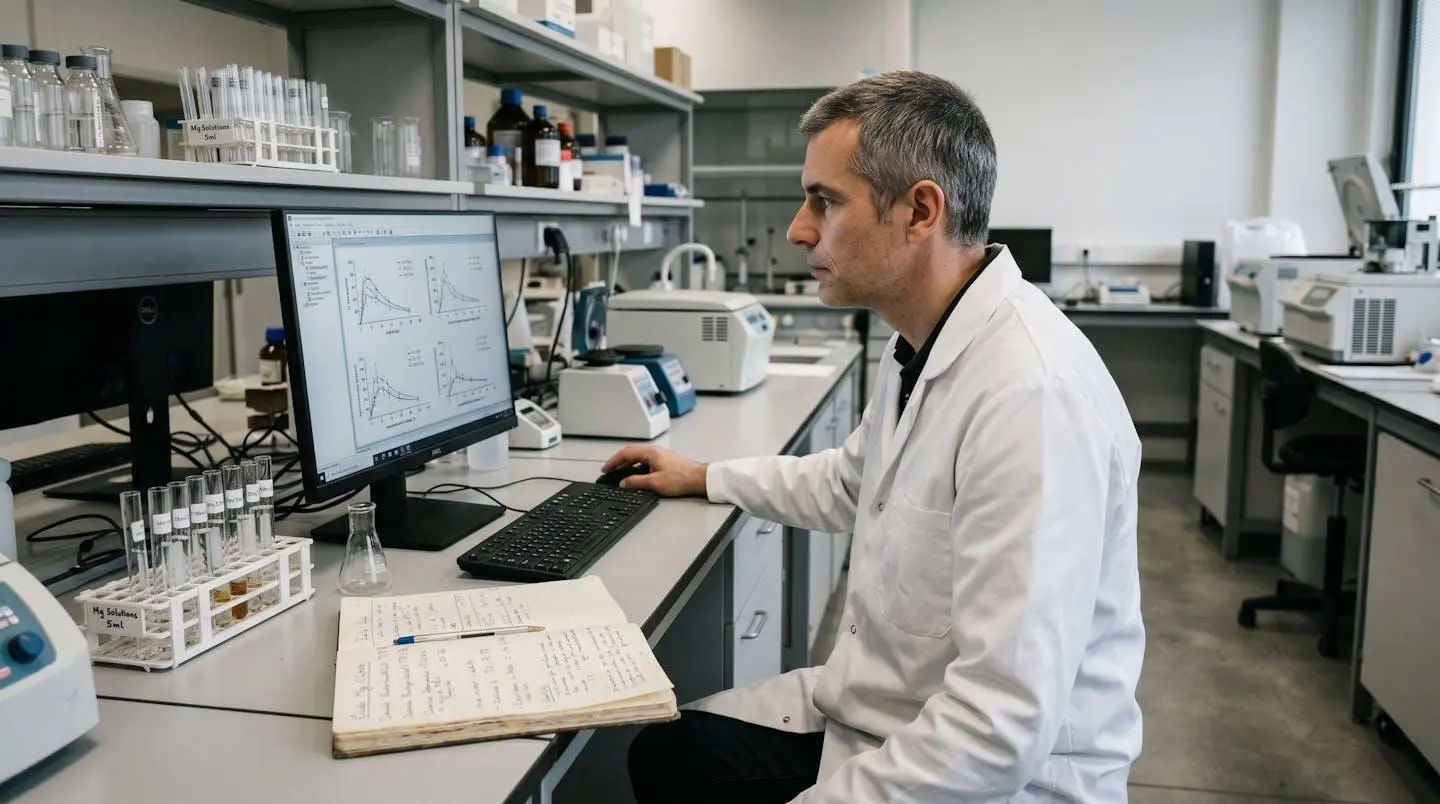 Chercheur en blouse blanche consultant des graphiques de biodisponibilité du magnésium sur écran d'ordinateur dans un laboratoire avec éprouvettes et cahier de notes