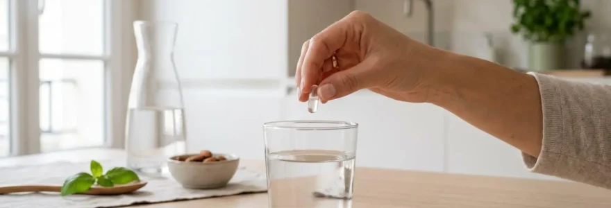 Main féminine tenant une gélule de magnésium au-dessus d'un verre d'eau sur une table en bois clair dans une cuisine moderne baignée de lumière naturelle