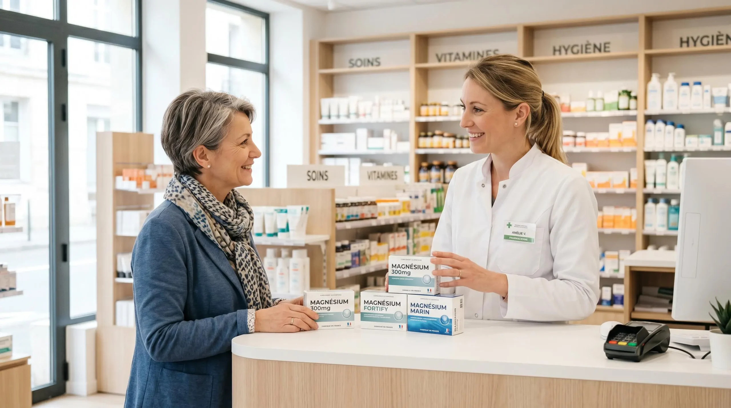 Pharmacienne en blouse blanche conseillant une cliente au comptoir d'une pharmacie moderne française, pointant du doigt une boîte de complément magnésium parmi plusieurs