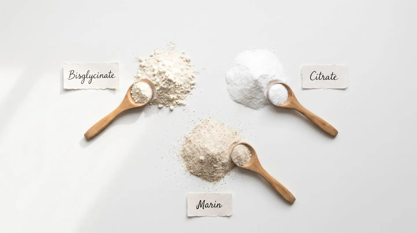 Vue de dessus de trois tas de poudre de magnésium (bisglycinate, citrate, marin) avec cuillères doseuses et étiquettes manuscrites en français sur fond blanc